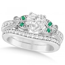 Heart Diamond & Emerald Butterfly Bridal Set in 14k W Gold (1.21ct)