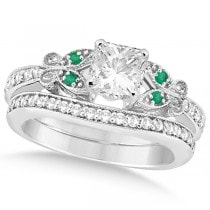 Princess Diamond & Emerald Butterfly Bridal Set in 14k W Gold (0.96ct)