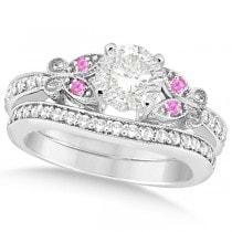 Round Diamond & Pink Sapphire Butterfly Bridal Set in 14k W Gold 0.71ct