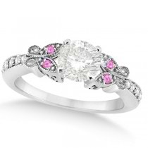 Round Diamond & Pink Sapphire Butterfly Bridal Set in 14k W Gold 1.21ct