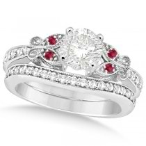 Round Diamond & Ruby Butterfly Bridal Set in 14k White Gold (0.96ct)
