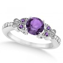 Butterfly Amethyst & Diamond Engagement Ring 14K White Gold 0.88ctw