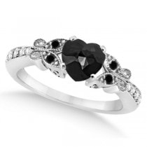 Butterfly Black and White Diamond Heart Bridal Set 14k W Gold 1.49ct