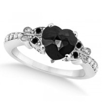 Butterfly Black and White Diamond Heart Bridal Set 14k W Gold 1.89ct