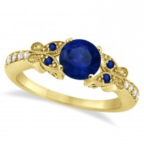 Butterfly Blue Sapphire & Diamond Engagement Ring 18K Yellow Gold 1.28ct