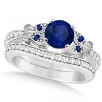 Butterfly Blue Sapphire & Diamond Bridal Set 14k White Gold 1.10ct