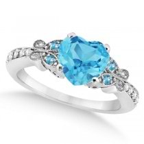 Butterfly Blue Topaz & Diamond Heart Engagement Ring 14K W Gold 2.48ct