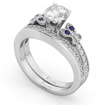 Butterfly Diamond & Blue Sapphire Bridal Set 14k White Gold (0.42ct)