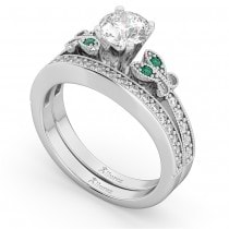 Butterfly Diamond & Emerald Bridal Set 14k White Gold (0.42ct)