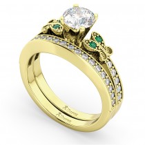 Butterfly Diamond & Emerald Bridal Set 14k Yellow Gold (0.42ct)