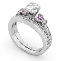 Butterfly Diamond & Pink Sapphire Bridal Set 14k White Gold (0.42ct)