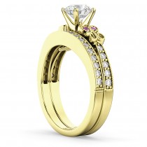 Butterfly Diamond & Pink Sapphire Bridal Set 14k Yellow Gold (0.42ct)