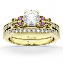 Butterfly Diamond & Pink Sapphire Bridal Set 18k Yellow Gold (0.42ct)