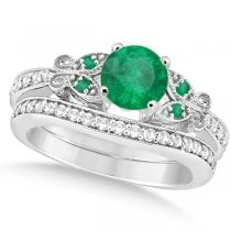Butterfly Genuine Emerald & Diamond Bridal Set 14k White Gold 0.93ct