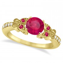 Butterfly Genuine Ruby & Diamond Engagement Ring 14K Yellow Gold 1.26ct