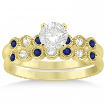 Blue Sapphire & Diamond Bezel Set Bridal Set 14k Yellow Gold 0.19ct