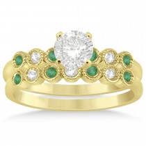 Emerald & Diamond Bezel Set Bridal Set 14k Yellow Gold 0.19ct