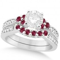 Floral Diamond & Ruby Engagement Ring & Band 18k White Gold (1.00ct)