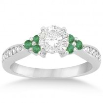 Floral Diamond & Emerald Engagement Ring & Band 14k W. Gold (0.56ct)
