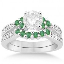 Floral Diamond and Emerald Engagement Ring & Band Palladium (0.56ct)