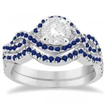 Blue Sapphire Infinity Halo Engagement Ring & Band Set 18K White Gold (0.60ct)