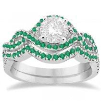 Emerald Infinity Halo Engagement Ring & Band Set 14K White Gold (0.60ct)