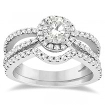 Diamond Halo Split Shank Engagement Ring Bridal Set Platinum (0.67ct)