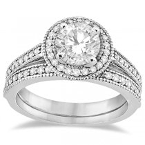 Milgrain Diamond Halo Bridal Set Ring & Band 14K White Gold (0.56ct)