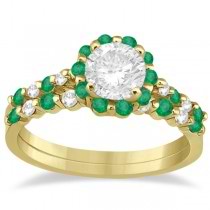 Diamond and Emerald Engagement Ring Bridal Set 14K Yellow Gold (0.94ct)