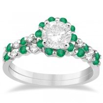 Diamond and Emerald Engagement Ring Bridal Set 18K White Gold (0.94ct)