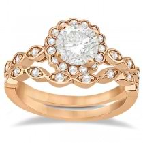 Floral Diamond Halo Bridal Set Ring & Band 14k Rose Gold (0.36ct)