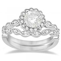 Floral Diamond Halo Bridal Set Ring & Band 14k White Gold (0.36ct)
