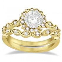 Floral Diamond Halo Bridal Set Ring & Band 14k Yellow Gold (0.36ct)