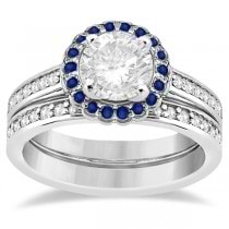 Halo Diamond & Blue Sapphire Bridal Ring Set 14k White Gold (0.83ct)