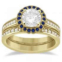 Halo Diamond & Blue Sapphire Bridal Ring Set 14k Yellow Gold (0.83ct)