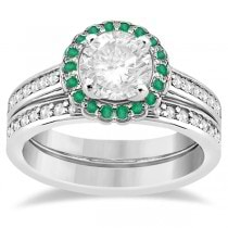 Floral Halo Diamond & Emerald Bridal Ring Set 14k White Gold (0.83ct)