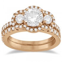 Diamond Halo Three Stone Ring & Band Bridal Set 14K Rose Gold (0.85ct)