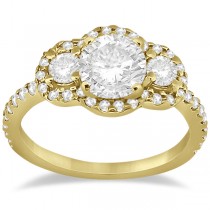 Diamond Halo Three Stone Ring & Band Bridal Set 14K Yellow Gold (0.85ct)