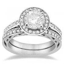 Diamond Halo Carved Engagement and Wedding Ring 14K White Gold (0.53ct)