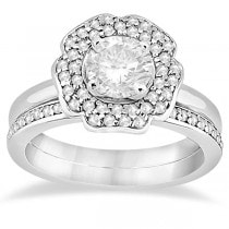 Halo Diamond Floral Engagement Ring and Band 18k White Gold (0.48ct)