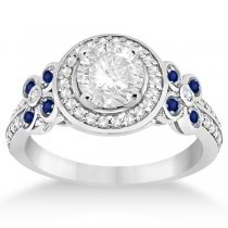 Diamond & Blue Sapphire Floral Halo Engagement Ring 14k White Gold (0.35ct)