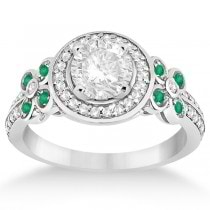 Diamond & Emerald Floral Halo Engagement Ring 14k White Gold (0.35ct)