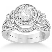 Diamond Flower Engagement Ring & Band Bridal Set 18k W. Gold (0.51ct)