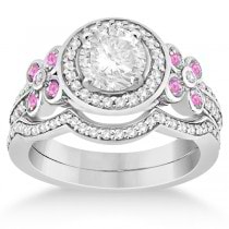 Diamond & Pink Sapphire Floral Bridal Set Setting 14k White Gold (0.51ct)
