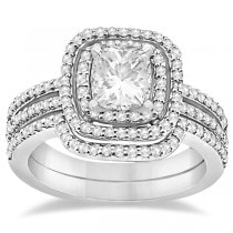 Double Halo Diamond Engagement Ring Bridal Set 14K White Gold (0.64ct)