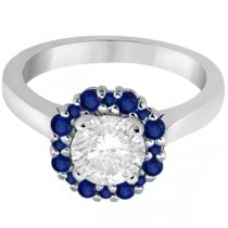 Halo Blue Sapphire Engagement Ring & Band 14K White Gold (1.08ct)
