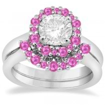 Halo Pink Sapphire Engagement Ring & Band 18K White Gold (1.08ct)