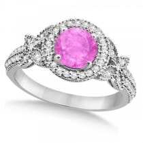 Halo Diamond Butterfly Pink Sapphire Engagement Ring 14k White Gold (1.33ct)