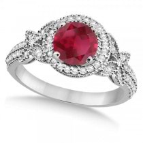 Halo Diamond Butterfly Ruby Engagement Ring 14k White Gold (1.33ct)