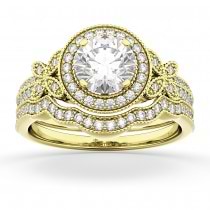 Butterfly Diamond Engagement Ring & Wedding Band 14k Yellow Gold (0.58ct)